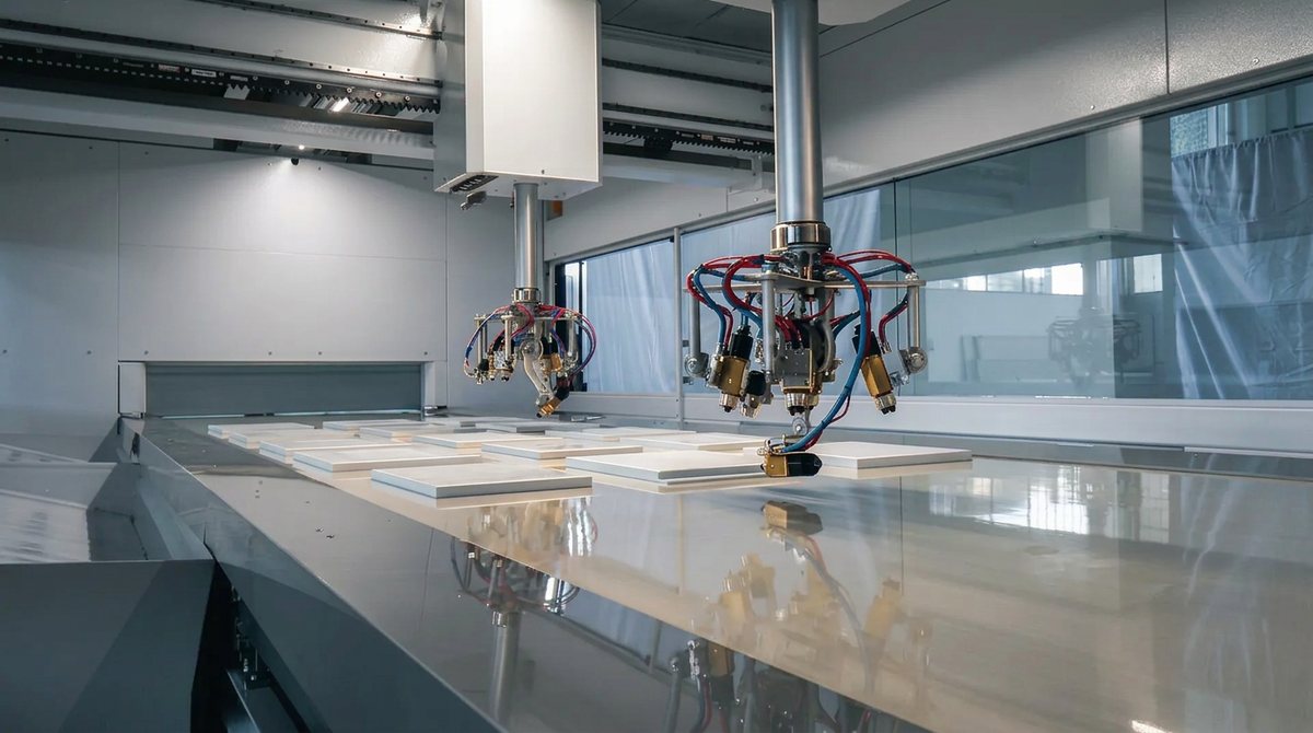 Doors passing under the robotic spray line as the finish is laid on